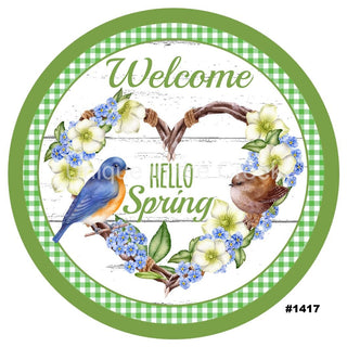 WREATH SIGN | 8" ALUMINUM | WELCOME HELLO SPRING | BIRDS | FLOWERS | SPRING