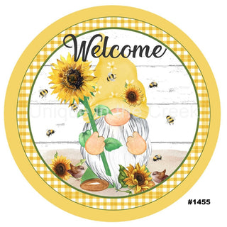 WREATH SIGN | 8" ALUMINUM | WELCOME SUMMER GNOME | SUNFLOWERS | FLOWERS | BEES | SUMMER