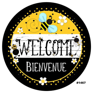 WREATH SIGN | 8" ALUMINUM | WELCOME BIENVENUE | BEES | FRENCH | EVERYDAY | SUMMER