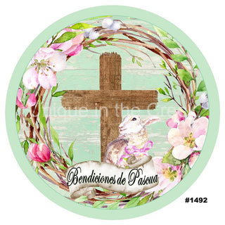 WREATH SIGN UITC | 6" ALUMINUM | BENEDICIONES DE PASCUA | SPANISH | CROSS | EASTER | SPRING