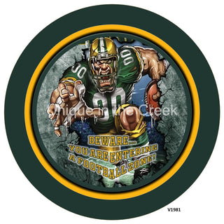 Vinyl Decal | GB Football | DK. GREEN/GOLD | Beware...you are entering a football zone | Sports