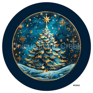 VINYL DECAL | 3D WOOD LOOKING  | CHRISTMAS TREE | BLUE/GOLD | V2042