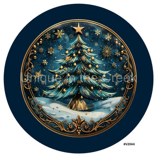 VINYL DECAL | 3D WOOD LOOKING  | CHRISTMAS TREE | BLUE/GOLD | V2044