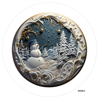 VINYL DECAL | 3D WOOD LOOKING  | SNOWMAN SCENERY | GOLD/CREAM/SMOKE BLUE | V2053