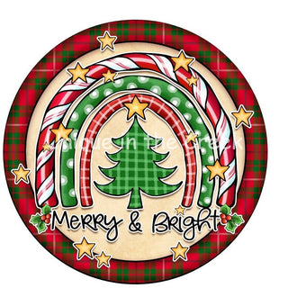 WREATH SIGN | 8" ALUMINUM | MERRY AND BRIGHT PLAID | CHRISTMAS | WINTER