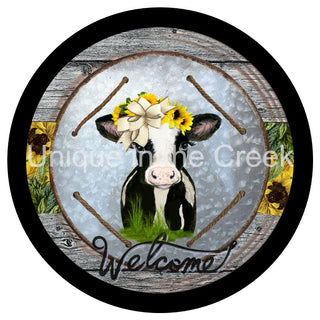 WREATH SIGN | 8" ALUMINUM | WELCOME | FARMHOUSE | COW | SUNFLOWERS | EVERYDAY