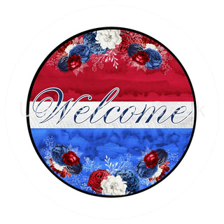 Panneau de couronne en aluminium de 8" | BIENVENUE | FLEURS | ROUGE BLANC ET BLEU | PATRIOTIQUE