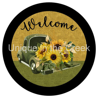 WREATH SIGN | 8" ALUMINUM |  WELCOME | SUNFLOWER TRUCK | EVERYDAY