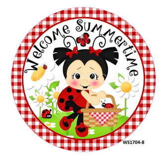 WREATH SIGN | 8" ALUMINUM | LADYBUG / FLOWERS | WELCOME SUMMERTIME | SUMMER
