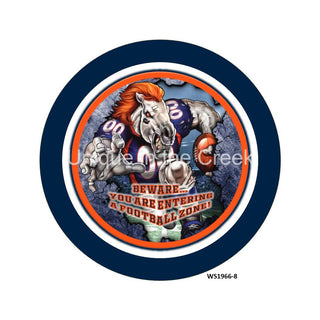 WREATH SIGN | 8" Aluminum Wreath Sign  | DEN Football | NAVY/ORANGE/WHITE | Beware...you are entering a football zone | Sports