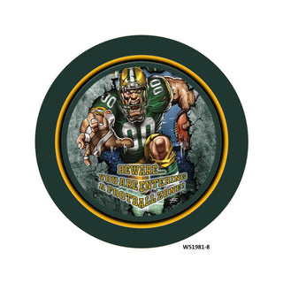 WREATH SIGN | 8" Aluminum Wreath Sign  | GB Football | DARK GREEN/GOLD | Beware...you are entering a football zone | Sports