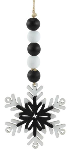 WREATH ACCENT | 8"L | Wood Bead | Snowflake Ornament | Black/White | Accessories