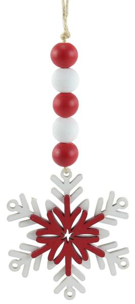 WREATH ACCENT | 8"L | Wood Bead | Snowflake Ornament | Red/White | XA118324