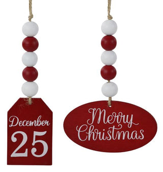WREATH ACCENT | 2- 7" individual wood bead ornaments | MERRY CHRISTMAS and DEC 25 | RED/WHITE  | ORNAMENT OVAL/TAG | WINTER | CHRISTMAS | ACCESSORIES