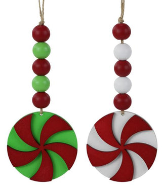 WREATH ACCENT | 2- 6.5" individual wood bead ornaments | PEPPERMINT SWIRL | RED/WHITE and RED/LIME  | ORNAMENT PEPPERMINT CANDY | WINTER | CHRISTMAS | ACCESSORIES