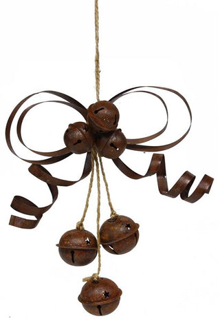 WREATH ACCENT | 7"L Jingle Bell/Tin Bow/Ribbon Ornament | RUST | TIN/JUTE | XC4173