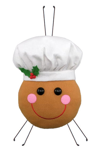 WREATH ACCENT | 13" PLUSH GINGERBREAD CHEF HEAD | TAN/WH/GREEN/RED | XC6261