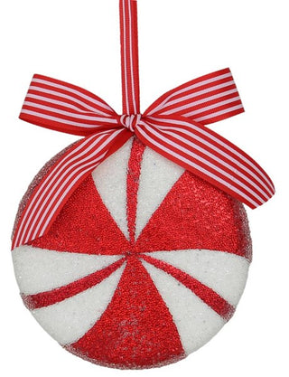 Peppermint Ornament | 5.5"Dia | WHITE/RED STRIPE | GLITTER | Styrofoam/Fabric | CHRISTMAS | ACCESSORY