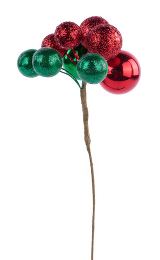 WREATH ACCENT | 9"L Multi Size/Cluster Glitter Ball Pick | RED/EMERALD GREEN | XP385897