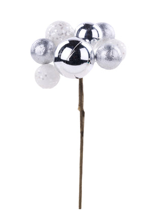WREATH ACCENT | 9"L Multi Size/Cluster Glitter Ball Pick | WHITE/SILVER | XP3858R6