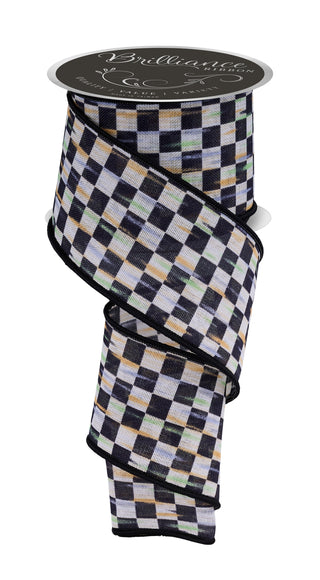 RIBBON | 2.5"X10YD | MINI ANTIQUE CHECKERBOARD| BEIGE/BLACK | LS314359