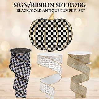 MATCHING SIGN/RIBBON SET | ANTIQUE CHECKERED PUMPKIN SET | BLACK/GOLD/CREAM | SET056BG-26CAN